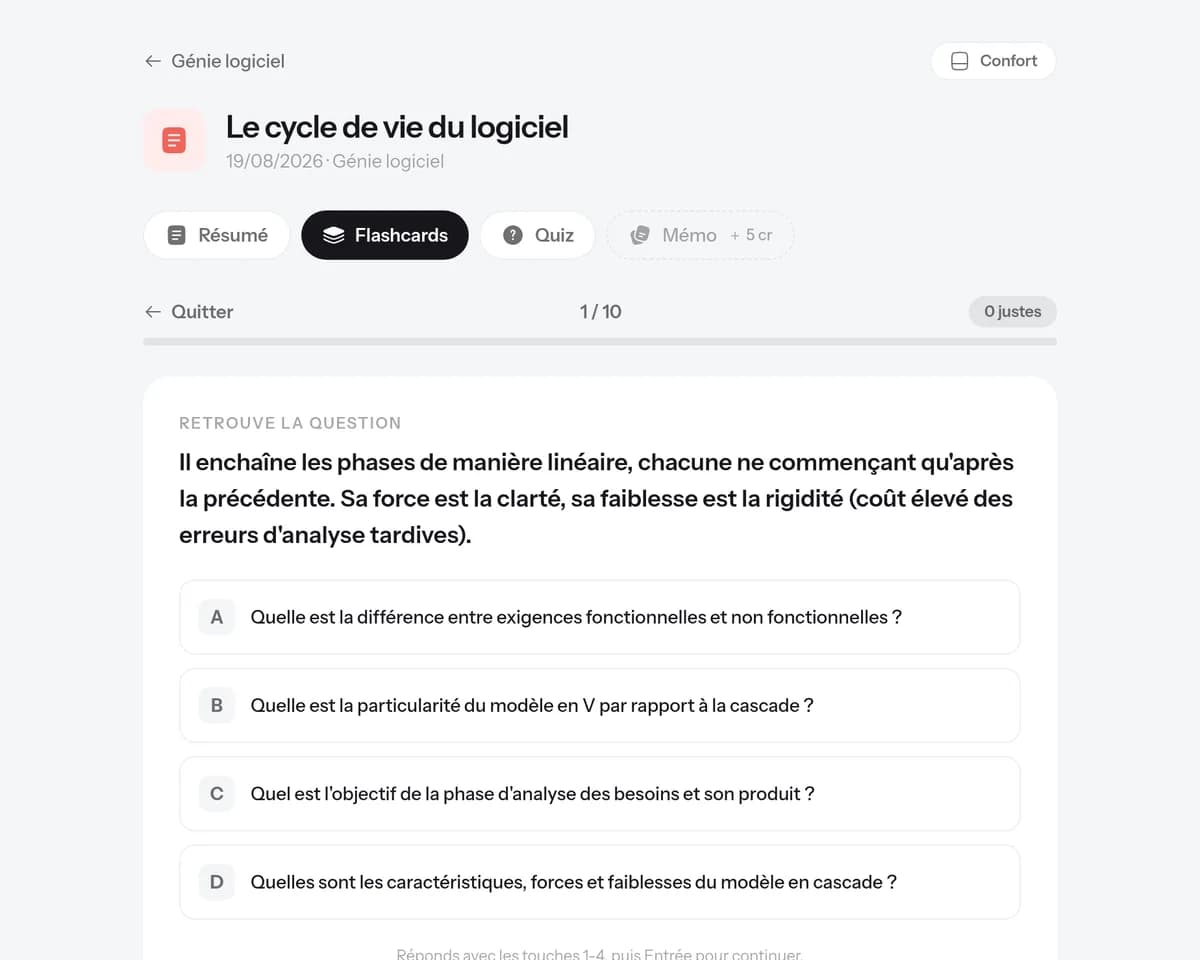 Le mode Apprendre : une réponse affichée, quatre questions proposées