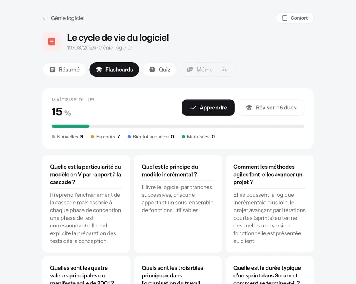 Le jeu de flashcards d'un cours, avec la maîtrise du jeu à 15 %
