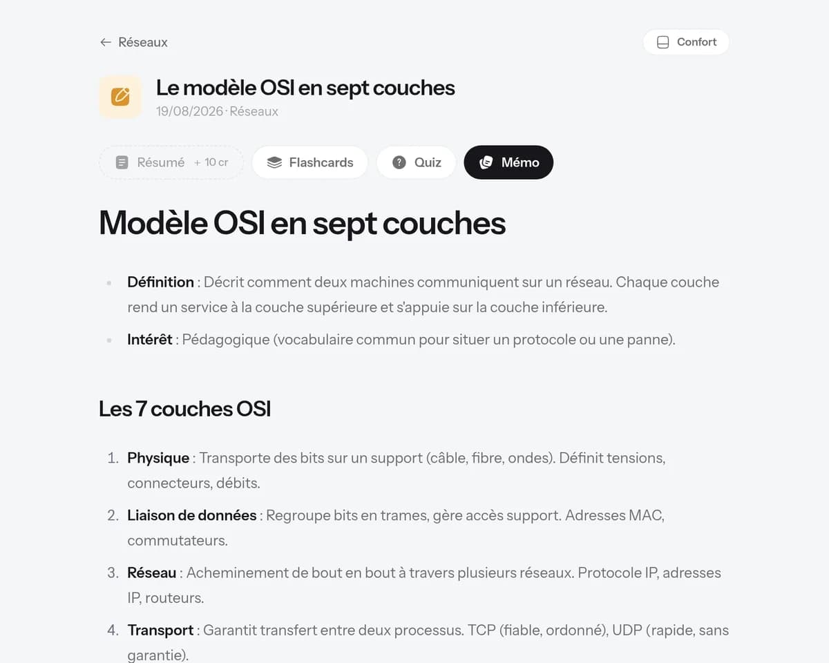 Une fiche mémo d'une page générée depuis un cours de réseaux