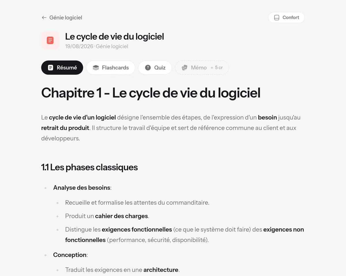 Le résumé généré d'un cours de génie logiciel, structuré en sections